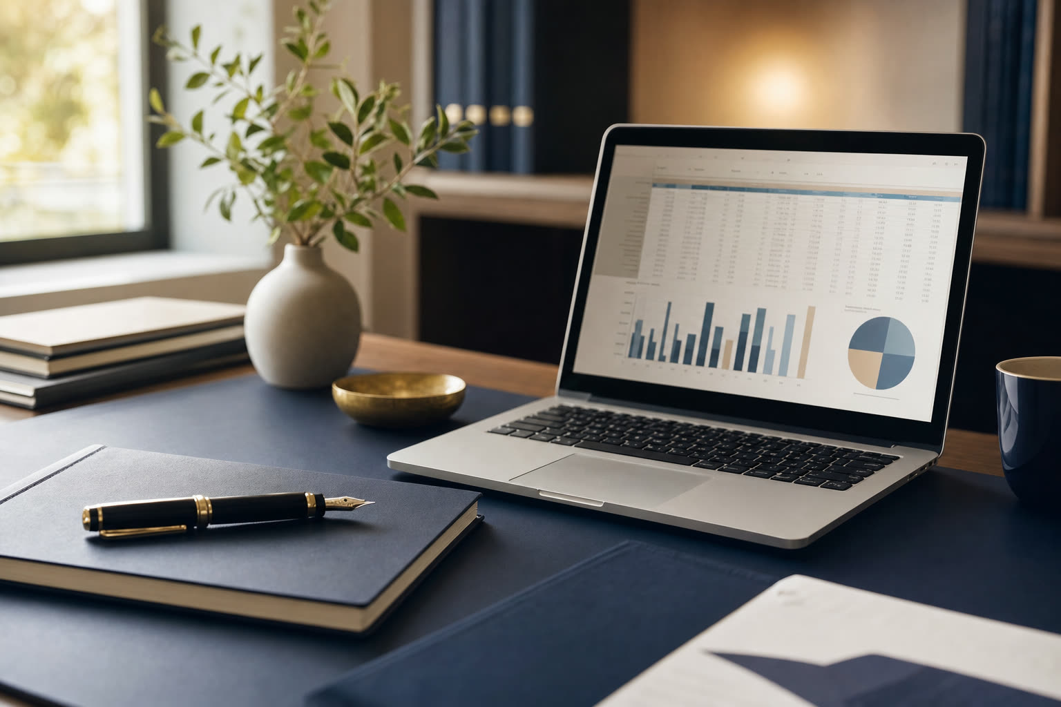 A calm, organized workspace with financial reporting on screen